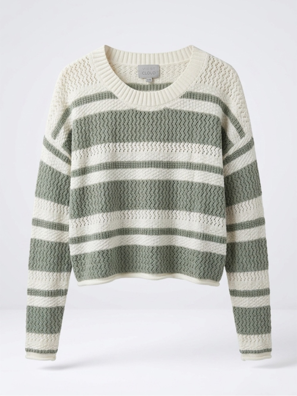 Open-Work Striped Crew Sweater in Olive and White